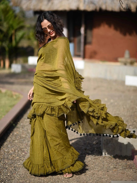 Olive Green Mulmul Saree