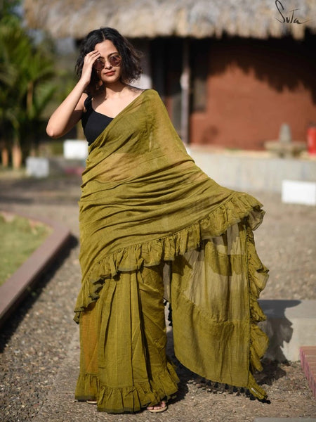 Olive Green Mulmul Saree