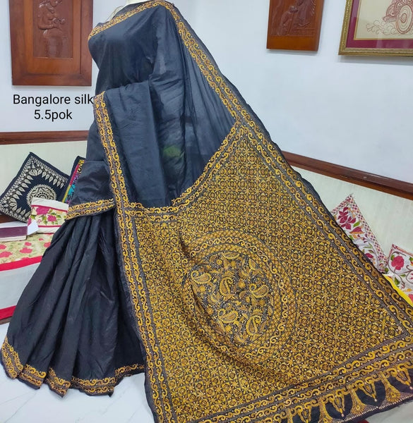 Pure Bangalore Silk Kantha Stitched Black Saree