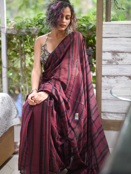 Maroon with Black Lines Cotton Saree
