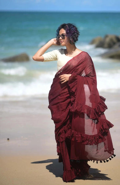 Wine Red Cotton Saree