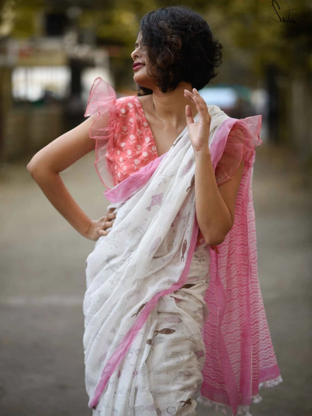 White & Pink Printed Saree
