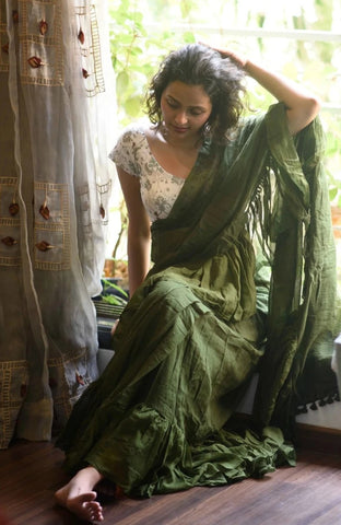 Olive Green Plain Mulmul Saree