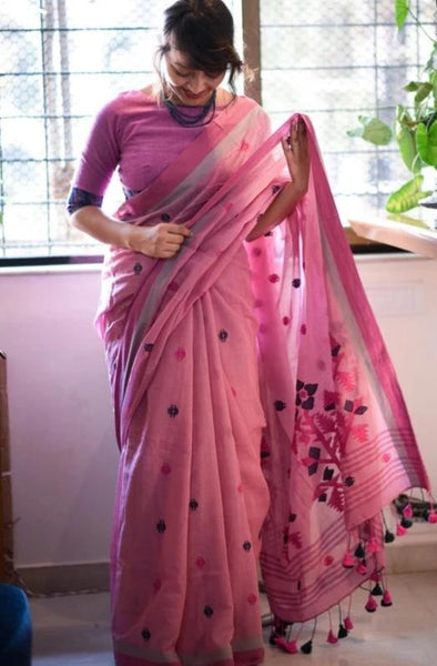 Pink and Floral Cotton Saree