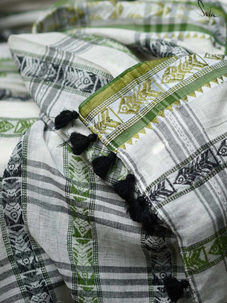 Off-White Cotton Saree with Green and Black Patterns Saree