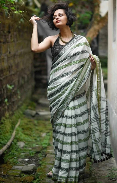 Off-White Cotton Saree with Green and Black Patterns Saree