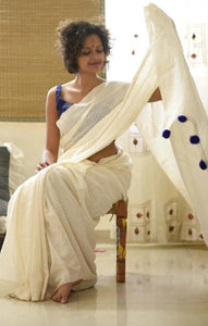 White with Blue Tassels Cotton Saree