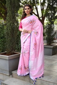 Pink Handwoven Cotton Slab Embroidered Saree