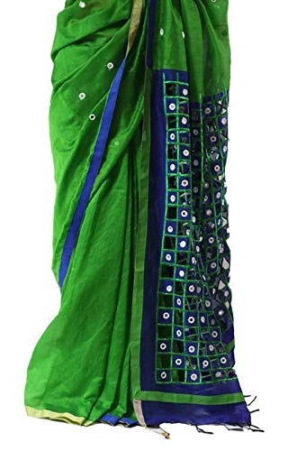 Parrot Green and Blue Handloom Mirror Cut Work Blended Saree