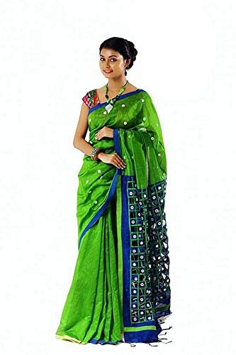 Parrot Green and Blue Handloom Mirror Cut Work Blended Saree