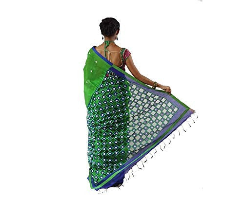 Parrot Green and Blue Handloom Mirror Cut Work Blended Saree