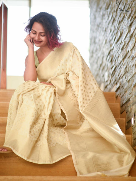 Golden Beige Colored Katan Silk Polyester Saree
