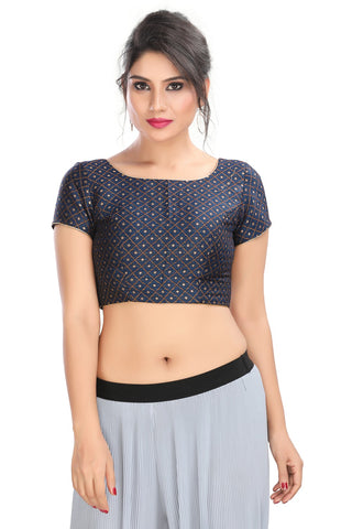 Navy Blue Brocade Back Open Ready Made Blouse