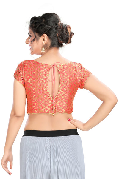 Peach Vamas Brocode Back Open Ready Made Blouse