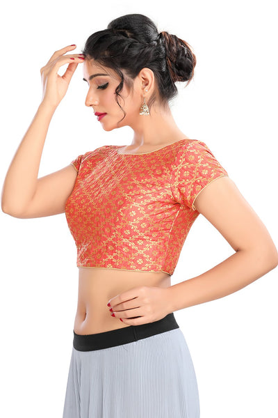 Peach Vamas Brocode Back Open Ready Made Blouse