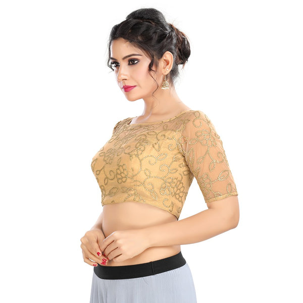 Self Work Net Padded Designer Saree Blouse in Golden Color