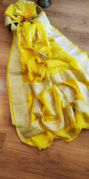 Pure Yellow Handwoven Khaddi Chiffon Georgette with Pure Silver Zari