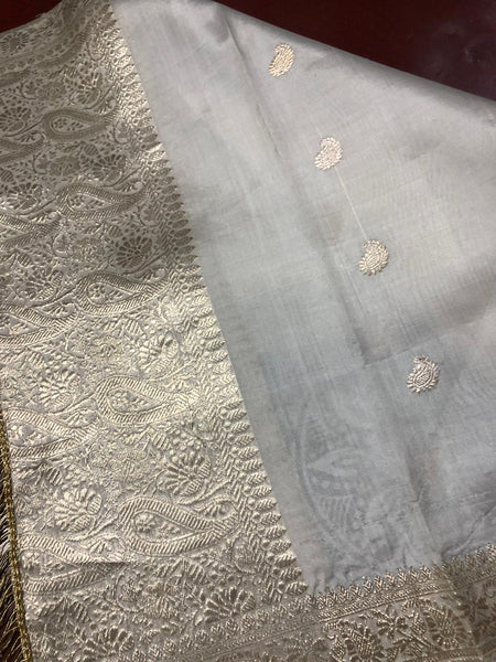 Pure White & Gold Banarasi Silk Stole/Dupatta