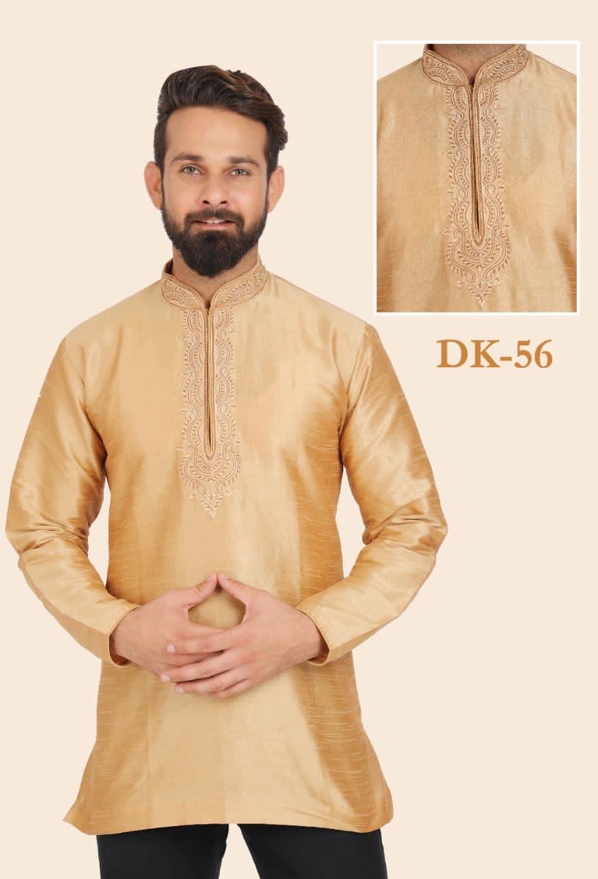 Biscuit Tan Colored Embroidered Silk Mens Short Kurta