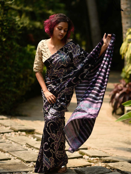Purple & Black Handwoven Mulberry Silk Saree