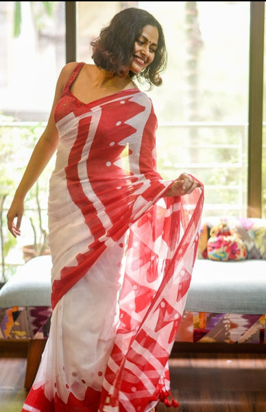 White & Red Printed Mul Cotton Saree