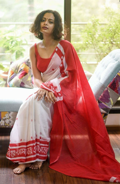 White & Red Screen Printed Mul Cotton Saree
