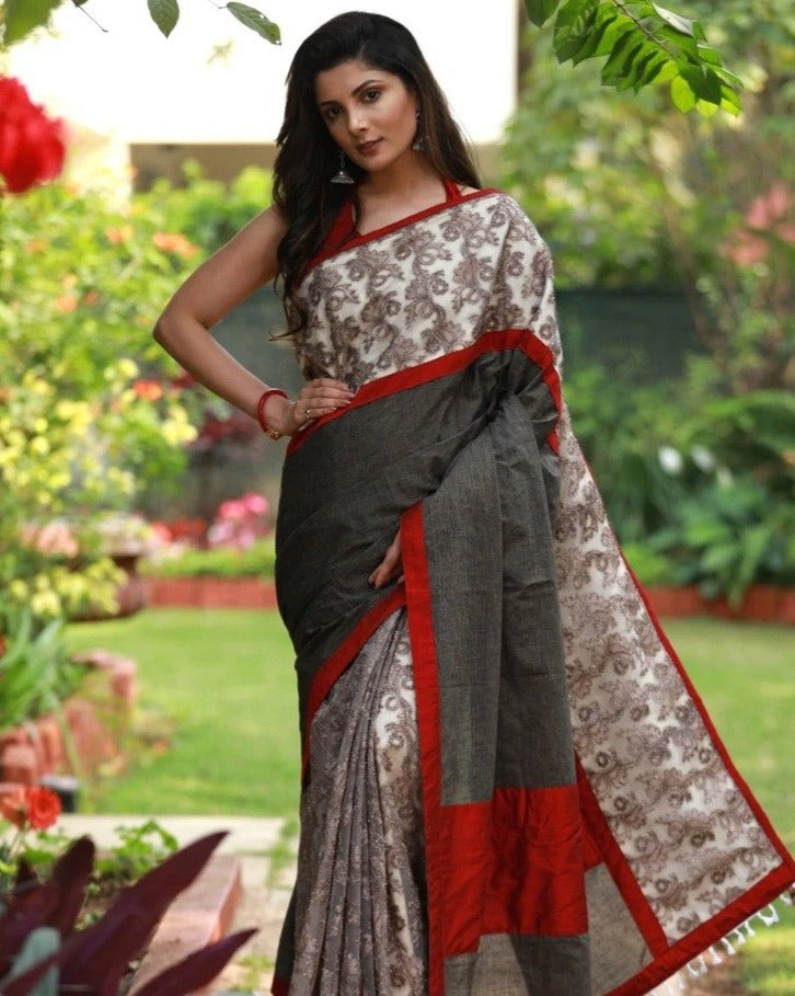 BROWN HANDLOOM COTTON SAREE WITH EXCLUSIVE EMBROIDERED NET COMBINATION