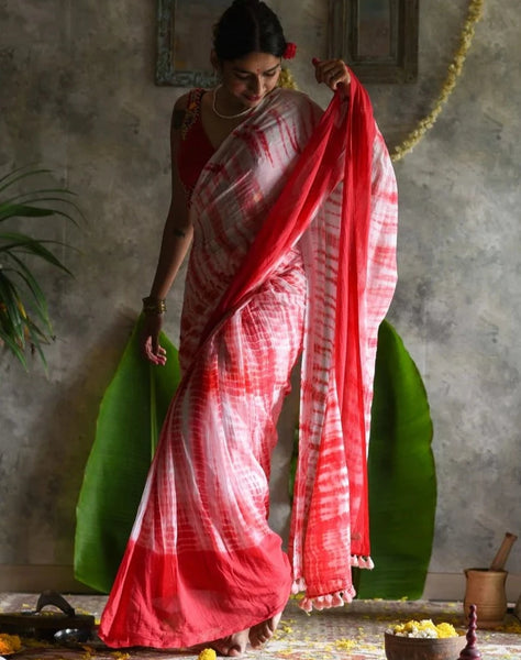 White and Red Akhand Jyoti Mul Modal Saree
