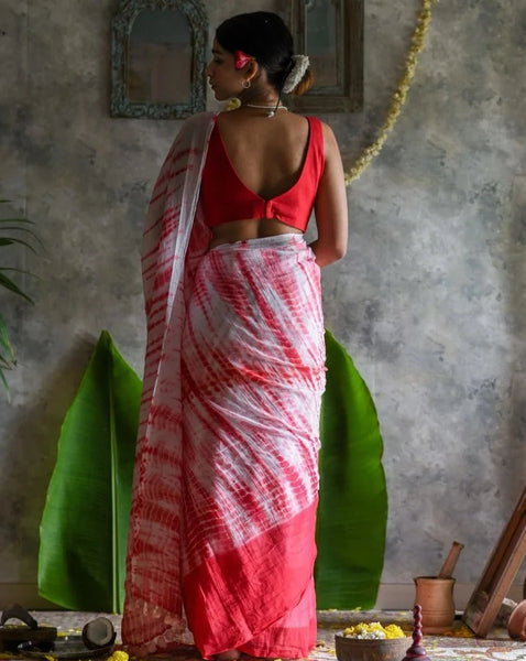 White and Red Akhand Jyoti Mul Modal Saree