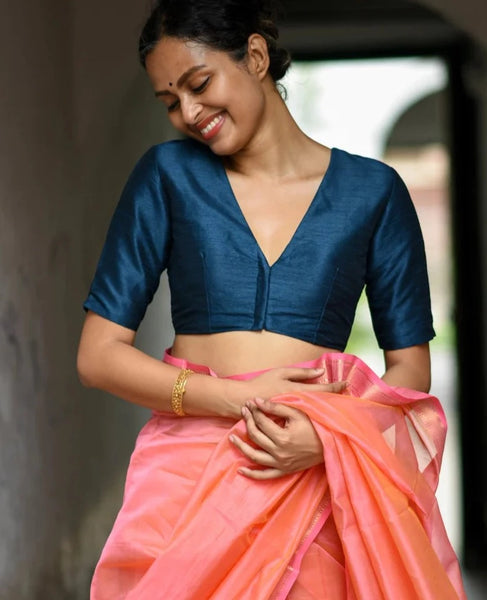 Readymade Beautiful Navy Blue Blouse Made of Artificial Silk