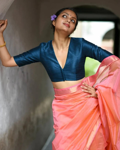 Readymade Beautiful Navy Blue Blouse Made of Artificial Silk