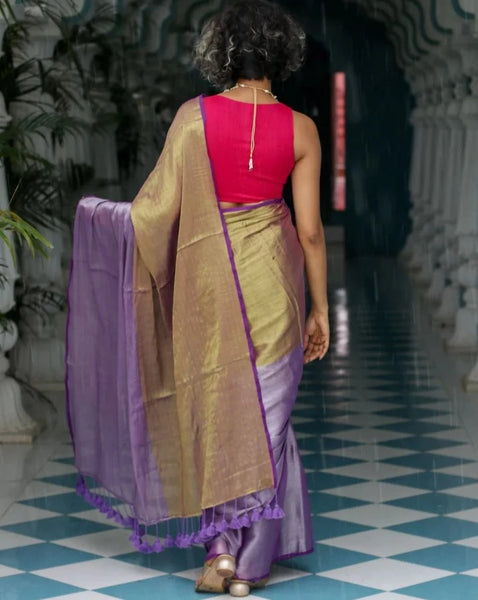 Stunning Gold and Lavender-Hued Cotton and Zari Saree