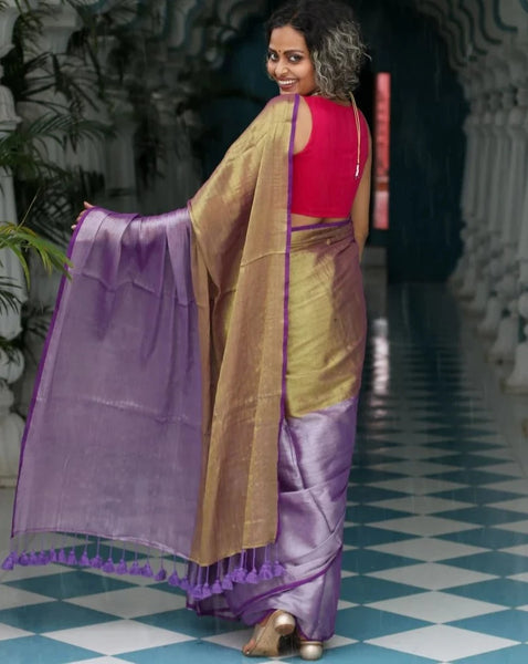 Stunning Gold and Lavender-Hued Cotton and Zari Saree