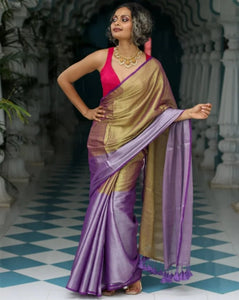 Stunning Gold and Lavender-Hued Cotton and Zari Saree