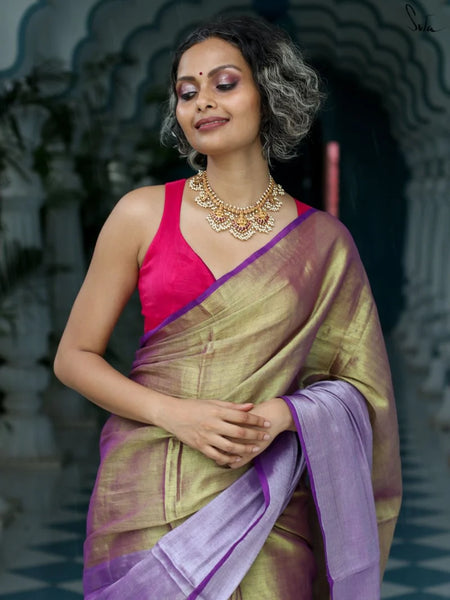 Stunning Gold and Lavender-Hued Cotton and Zari Saree