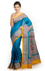Blue Pure Dye Tussar Silk Kantha Saree