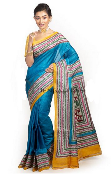 Blue Pure Dye Tussar Silk Kantha Saree