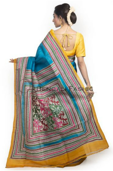 Blue Pure Dye Tussar Silk Kantha Saree