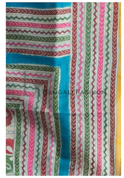 Blue Pure Dye Tussar Silk Kantha Saree