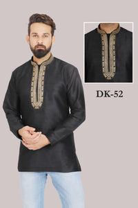 Black Colored Embroidered Silk Mens Short Kurta