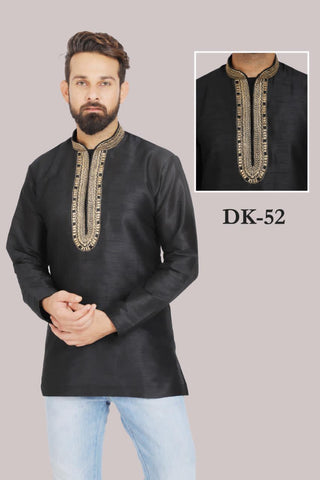 Black Colored Embroidered Silk Mens Short Kurta