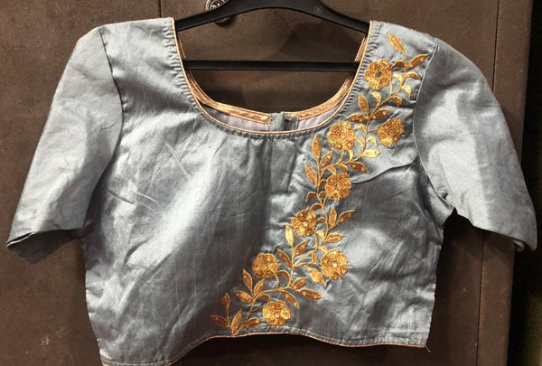 Grey Front Hook Padded Blouse with Golden Embroidered Work