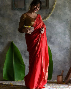 Stunning Red Mul Cotton Saree With Artificial Zari