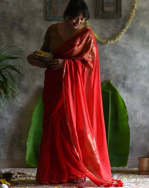 Stunning Red Mul Cotton Saree With Artificial Zari