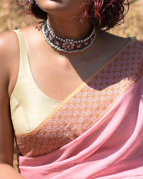 Cream Colored Silk Readymade Sleeveless Blouse