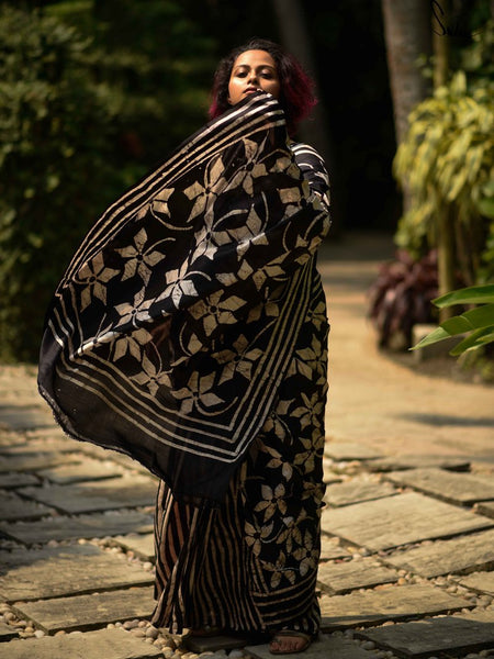 Black & Beige Handwoven Silk Saree