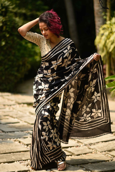 Black & Beige Handwoven Silk Saree