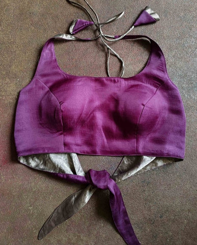 Readymade Striking Purple & Silver Blouse Made of Handloom Chanderi Silk