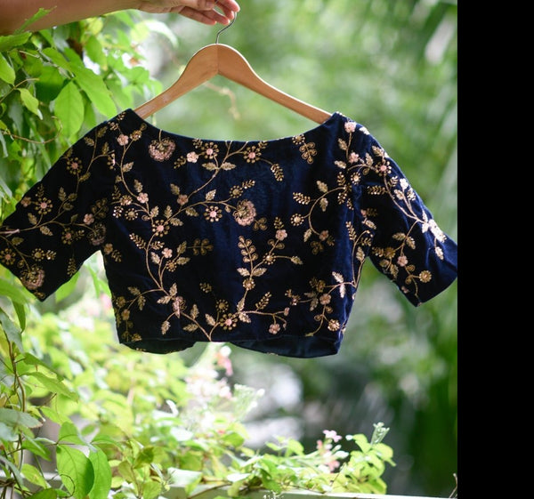 Deep Blue Embroidered velvet readymade blouse