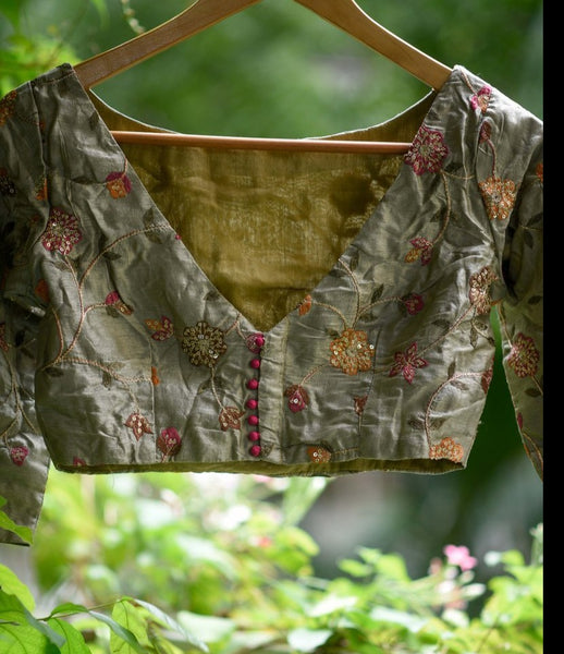 Grey Silver Embroidered silk and polyester readymade blouse